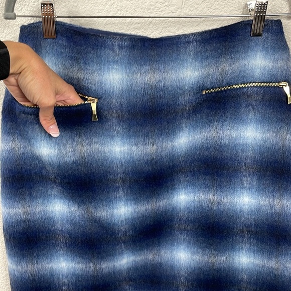 Kate Spade Blur Plaid Soft Wool Blend Zip Pocket Skirt Blue Straight Pencil - Picture 2 of 10